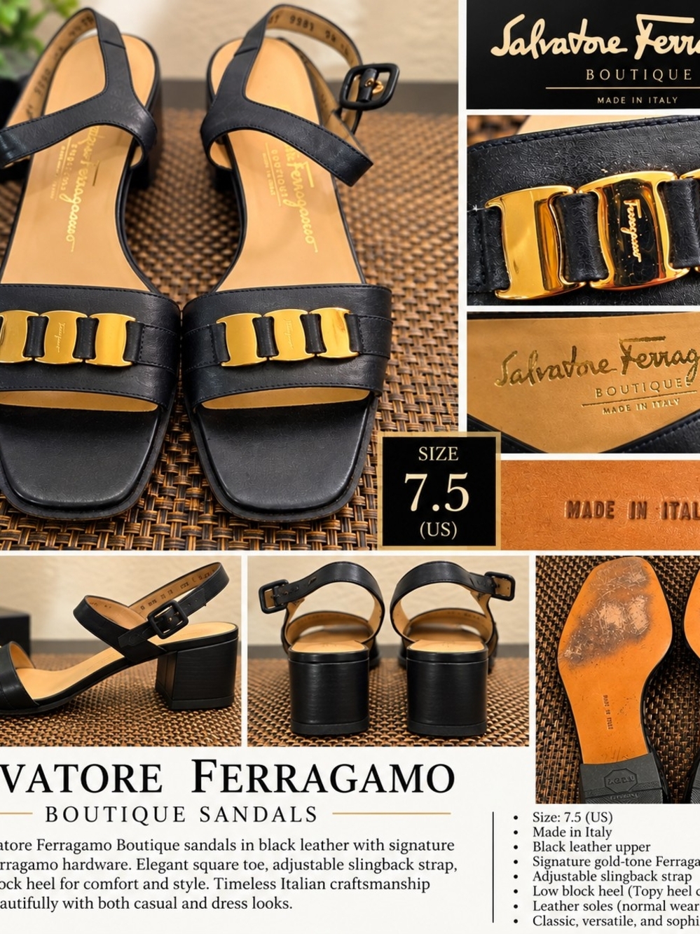 Salvatore Ferragamo Black Leather Slingback Sandals with Gold Hardware